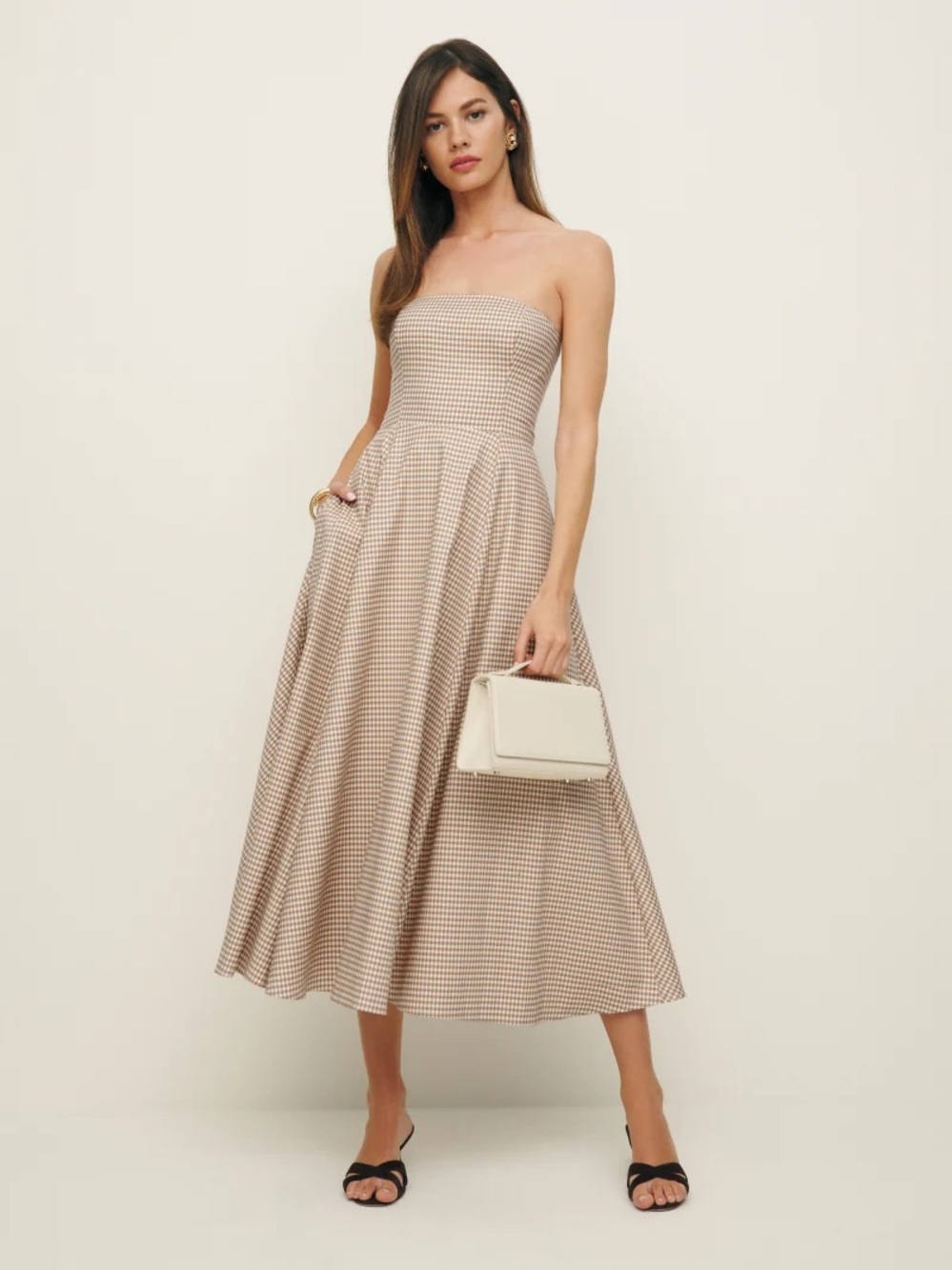 NWT Reformation Strapless Beige Gingham Midi Astoria Dress
